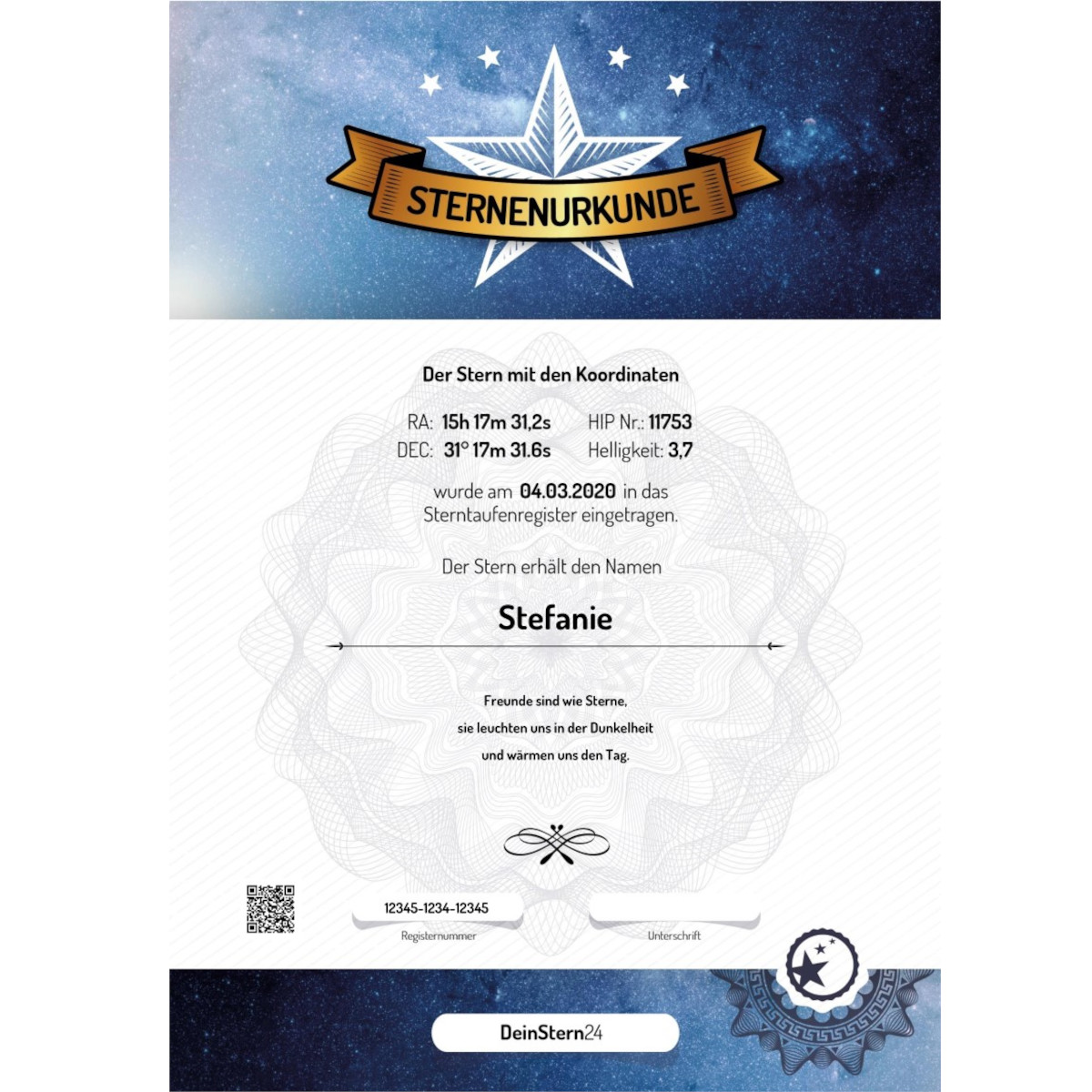 Bautizo de estrella Certificado Oficial Pequeño